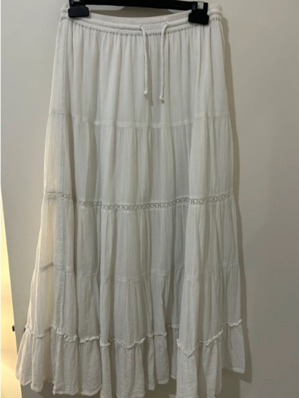 Lightweight White Tiered Maxi Skirt with Drawstring Waist